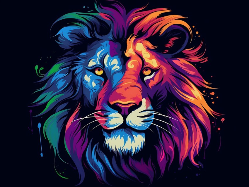 Colorful Lion Face Head Vivid Colors Pop Art Vector Illustrations Black Background (274)