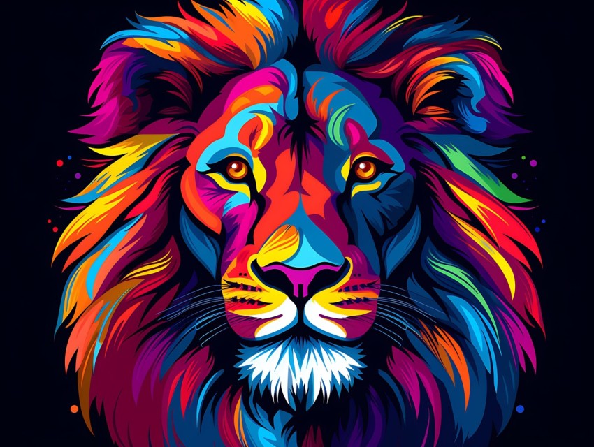 Colorful Lion Face Head Vivid Colors Pop Art Vector Illustrations Black Background (270)
