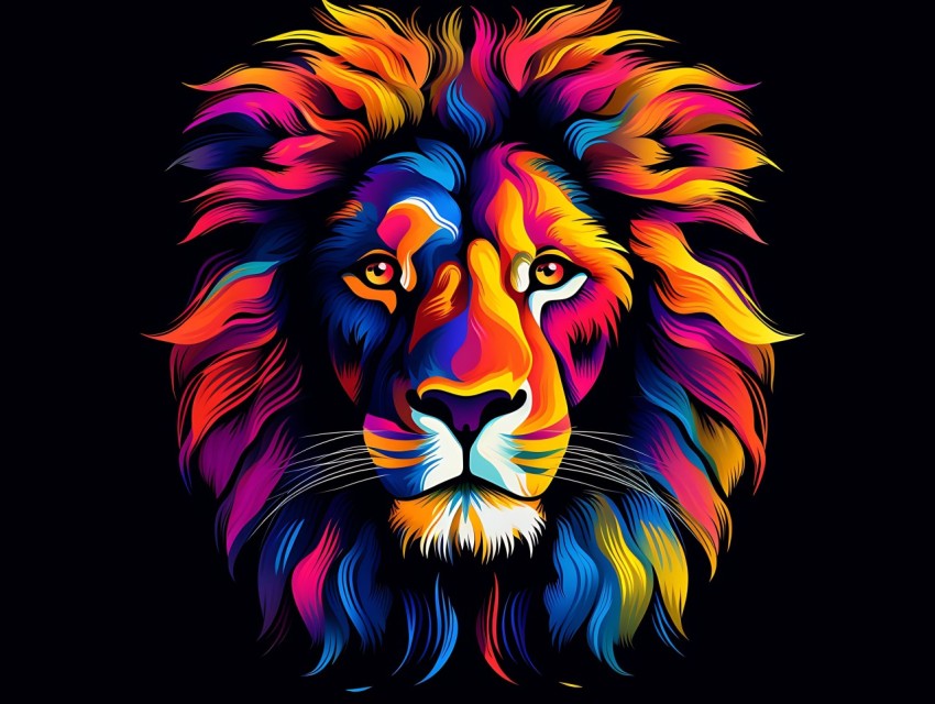 Colorful Lion Face Head Vivid Colors Pop Art Vector Illustrations Black Background (262)