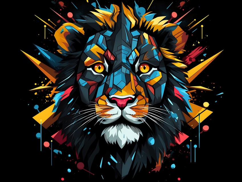 Colorful Lion Face Head Vivid Colors Pop Art Vector Illustrations Black Background (279)