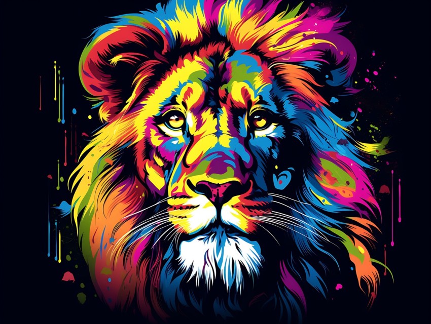 Colorful Lion Face Head Vivid Colors Pop Art Vector Illustrations Black Background (283)