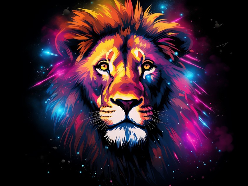 Colorful Lion Face Head Vivid Colors Pop Art Vector Illustrations Black Background (285)