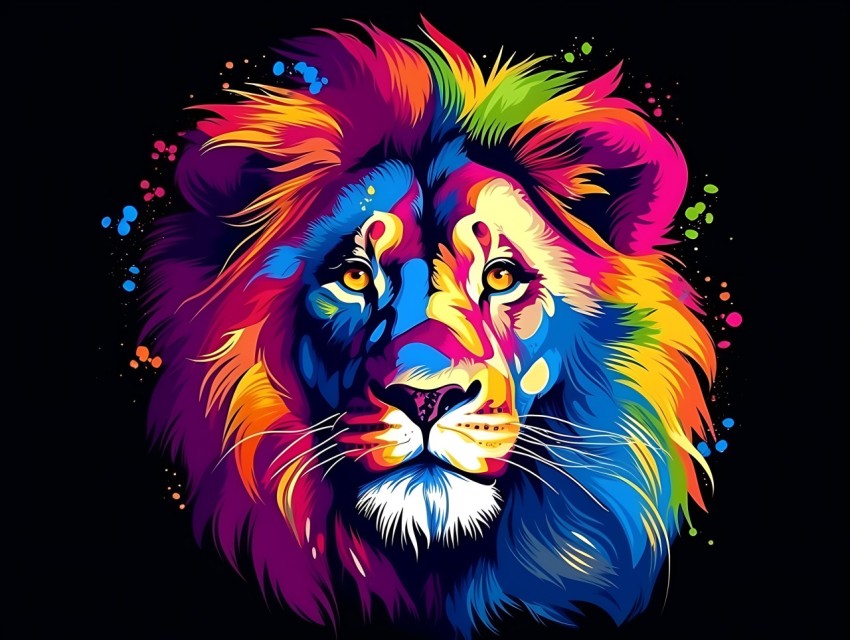 Colorful Lion Face Head Vivid Colors Pop Art Vector Illustrations Black Background (286)