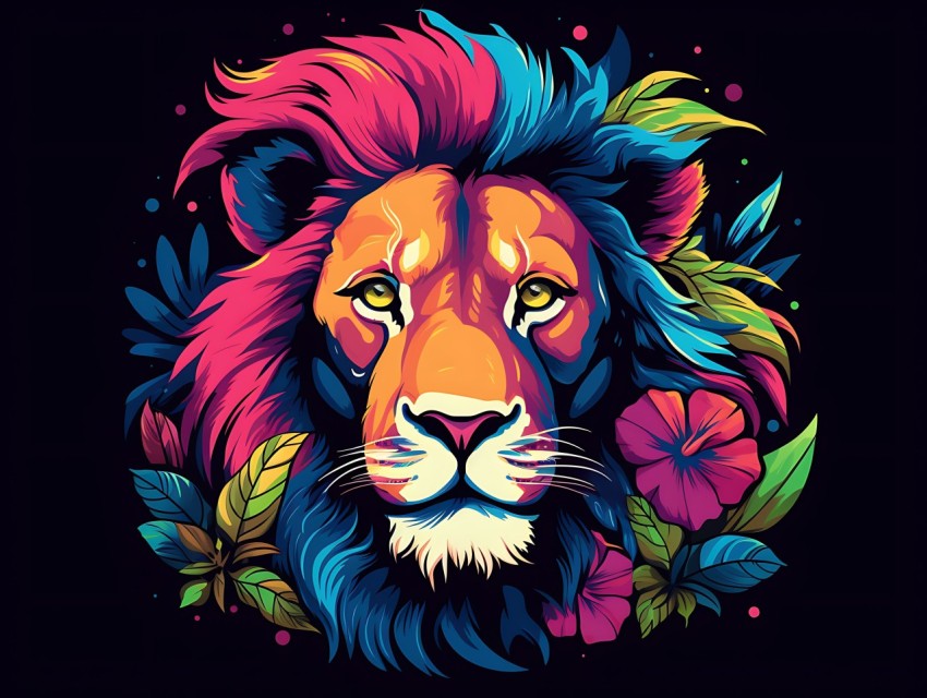 Colorful Lion Face Head Vivid Colors Pop Art Vector Illustrations Black Background (257)