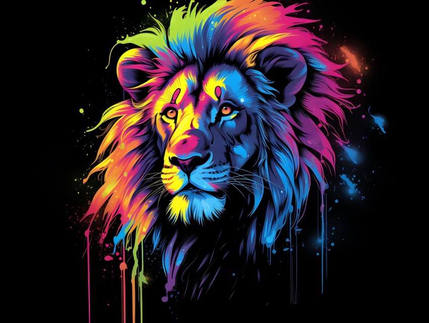 Colorful Lion Face Head Vivid Colors Pop Art Vector Illustrations Black Background (289)