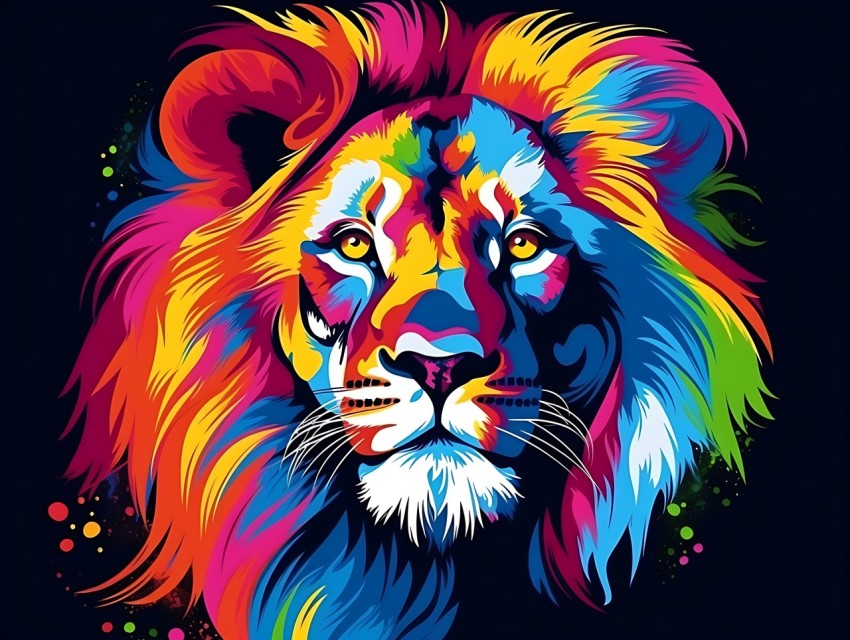 Colorful Lion Face Head Vivid Colors Pop Art Vector Illustrations Black Background (266)