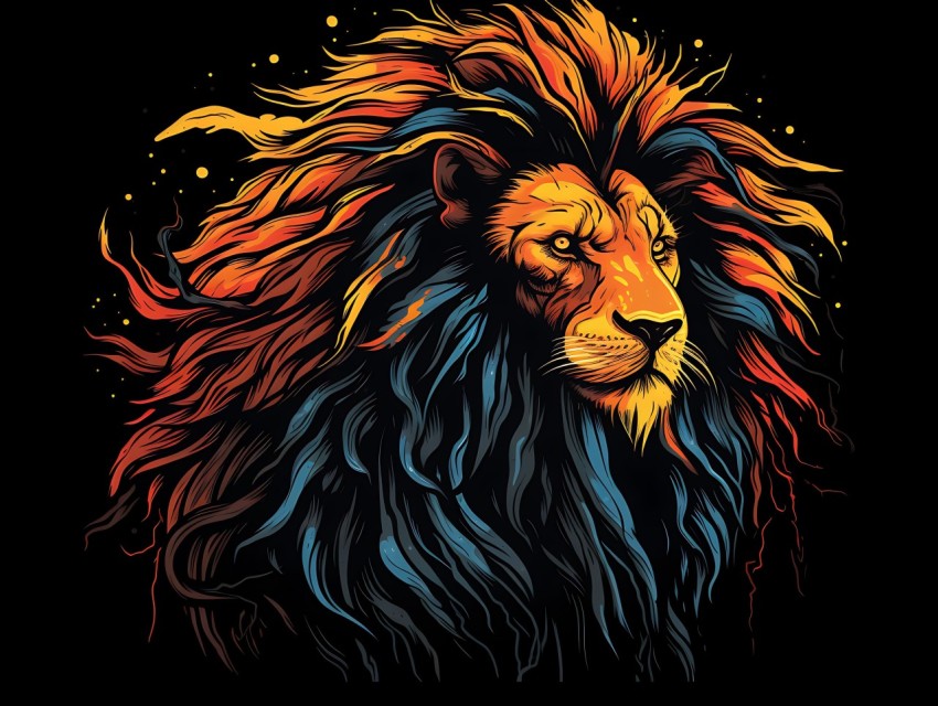 Colorful Lion Face Head Vivid Colors Pop Art Vector Illustrations Black Background (290)