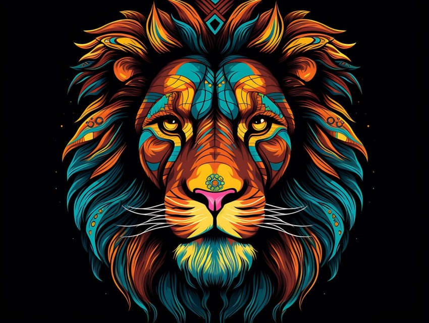 Colorful Lion Face Head Vivid Colors Pop Art Vector Illustrations Black Background (287)