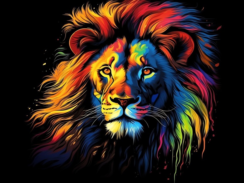 Colorful Lion Face Head Vivid Colors Pop Art Vector Illustrations Black Background (265)