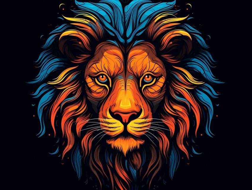 Colorful Lion Face Head Vivid Colors Pop Art Vector Illustrations Black Background (267)