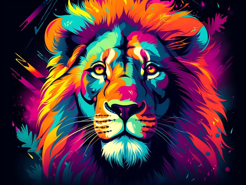 Colorful Lion Face Head Vivid Colors Pop Art Vector Illustrations Black Background (259)