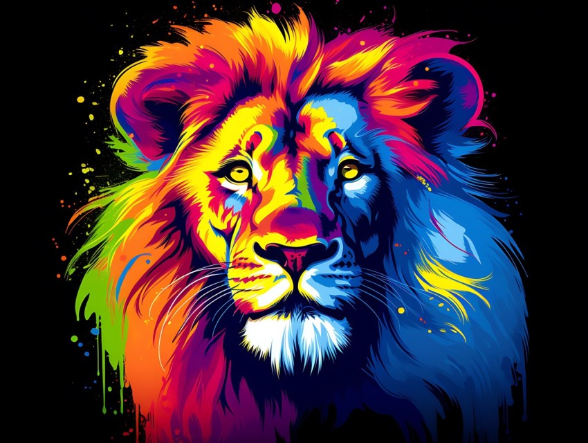 Colorful Lion Face Head Vivid Colors Pop Art Vector Illustrations Black Background (296)