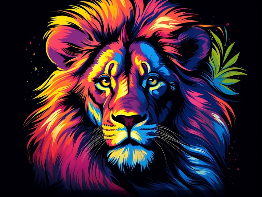 Colorful Lion Face Head Vivid Colors Pop Art Vector Illustrations Black Background (261)