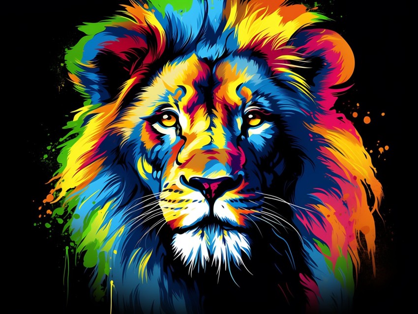 Colorful Lion Face Head Vivid Colors Pop Art Vector Illustrations Black Background (252)