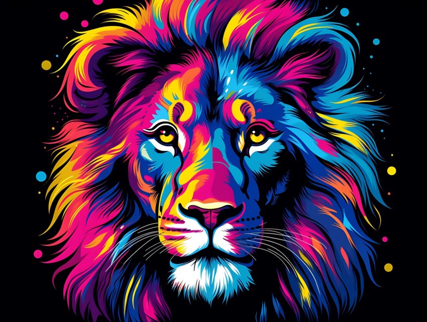 Colorful Lion Face Head Vivid Colors Pop Art Vector Illustrations Black Background (275)