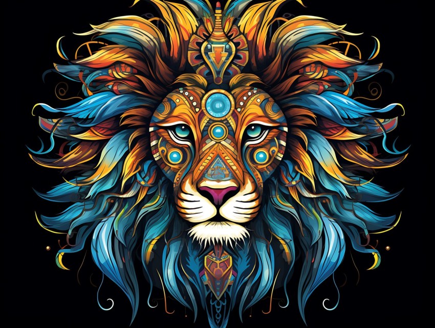Colorful Lion Face Head Vivid Colors Pop Art Vector Illustrations Black Background (292)