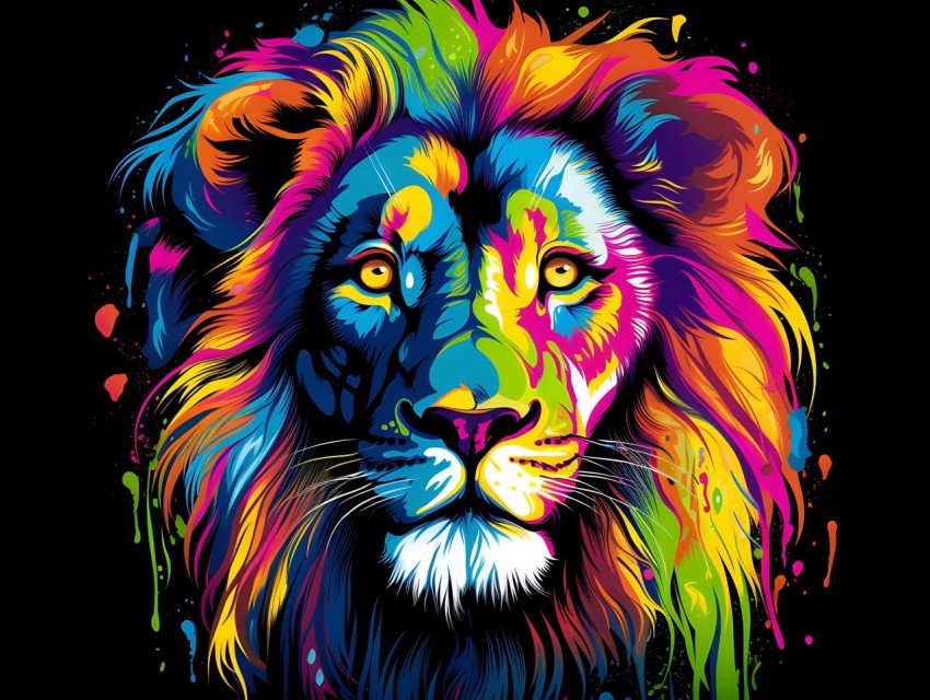 Colorful Lion Face Head Vivid Colors Pop Art Vector Illustrations Black Background (253)