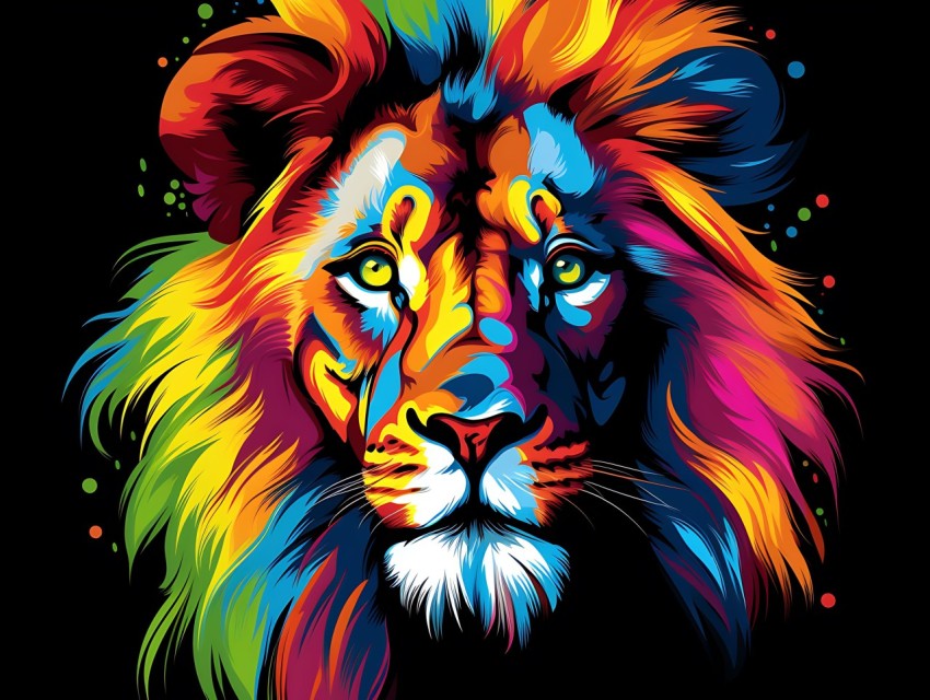 Colorful Lion Face Head Vivid Colors Pop Art Vector Illustrations Black Background (291)