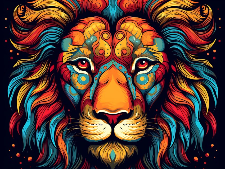 Colorful Lion Face Head Vivid Colors Pop Art Vector Illustrations Black Background (278)