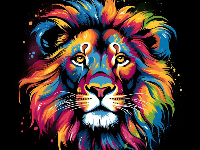 Colorful Lion Face Head Vivid Colors Pop Art Vector Illustrations Black Background (269)