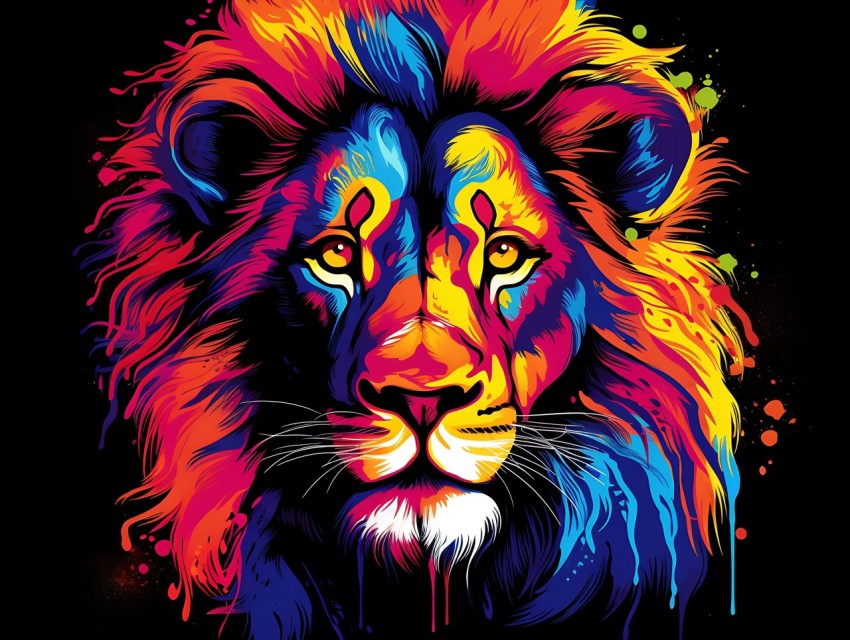 Colorful Lion Face Head Vivid Colors Pop Art Vector Illustrations Black Background (277)