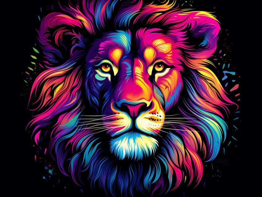 Colorful Lion Face Head Vivid Colors Pop Art Vector Illustrations Black Background (272)