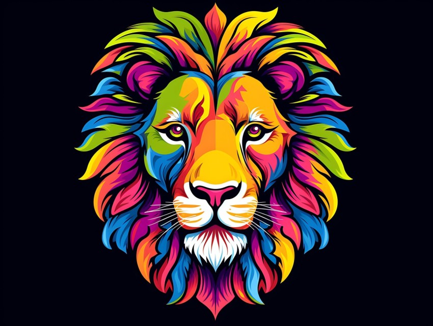 Colorful Lion Face Head Vivid Colors Pop Art Vector Illustrations Black Background (312)