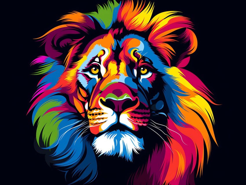 Colorful Lion Face Head Vivid Colors Pop Art Vector Illustrations Black Background (341)