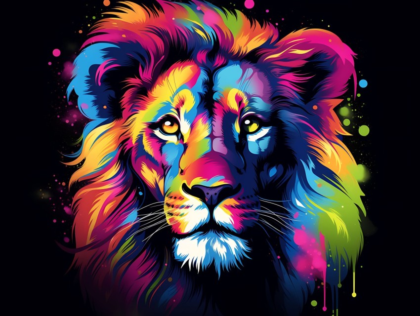 Colorful Lion Face Head Vivid Colors Pop Art Vector Illustrations Black Background (350)