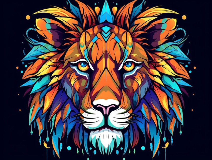 Colorful Lion Face Head Vivid Colors Pop Art Vector Illustrations Black Background (346)