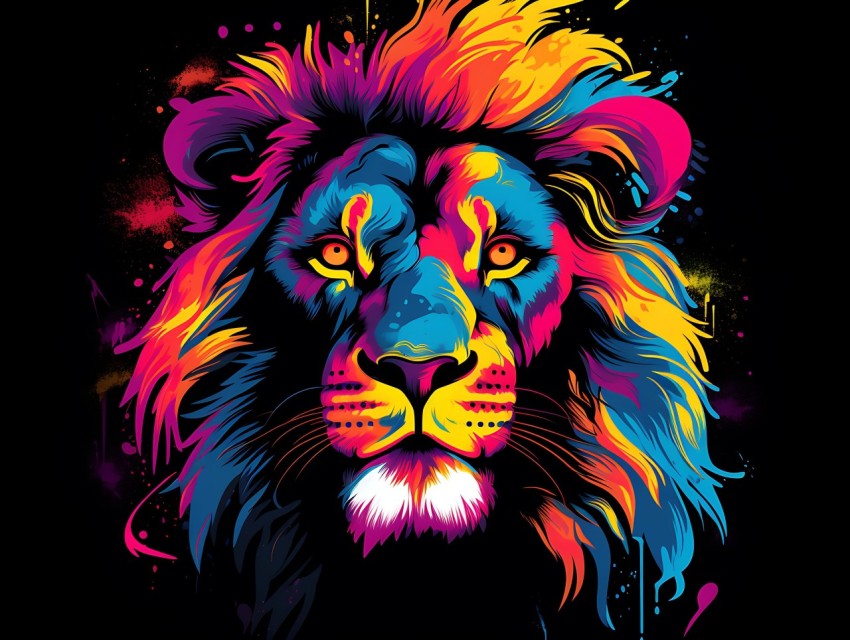 Colorful Lion Face Head Vivid Colors Pop Art Vector Illustrations Black Background (305)