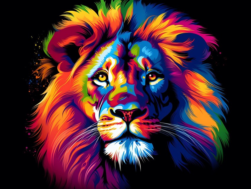 Colorful Lion Face Head Vivid Colors Pop Art Vector Illustrations Black Background (347)