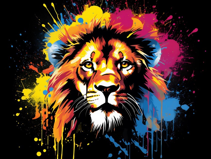 Colorful Lion Face Head Vivid Colors Pop Art Vector Illustrations Black Background (330)