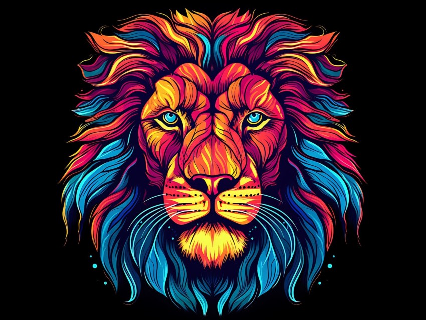 Colorful Lion Face Head Vivid Colors Pop Art Vector Illustrations Black Background (308)