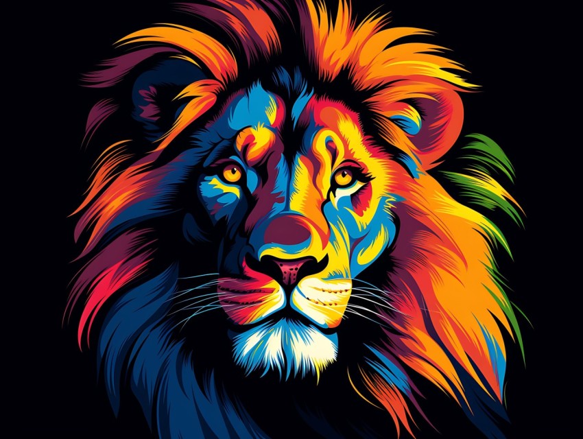Colorful Lion Face Head Vivid Colors Pop Art Vector Illustrations Black Background (304)