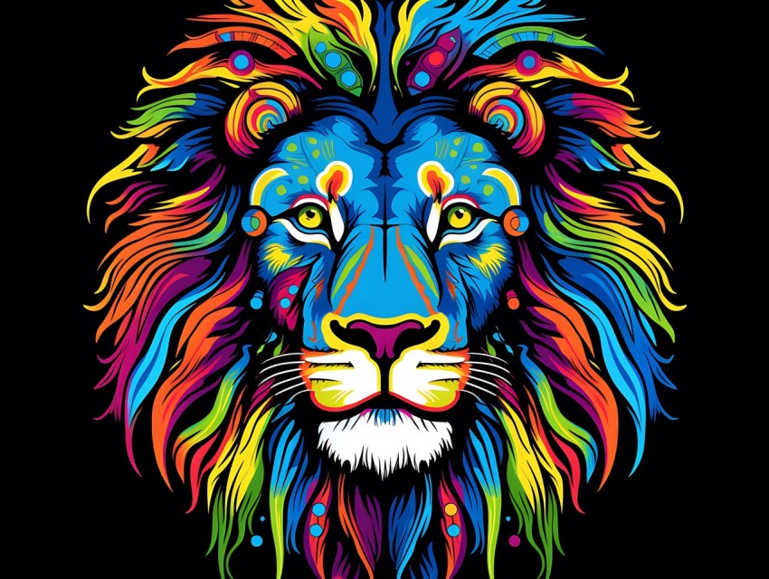 Colorful Lion Face Head Vivid Colors Pop Art Vector Illustrations Black Background (333)