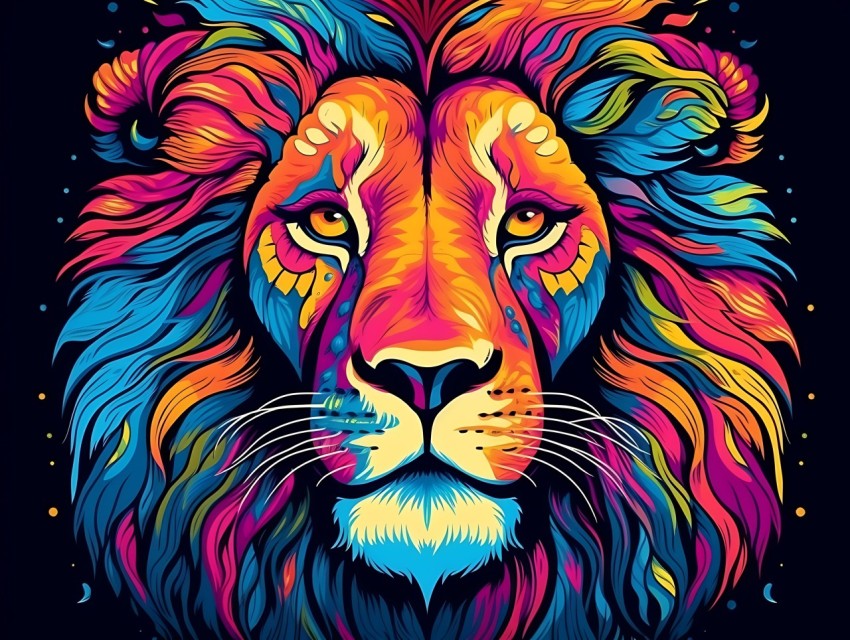 Colorful Lion Face Head Vivid Colors Pop Art Vector Illustrations Black Background (310)