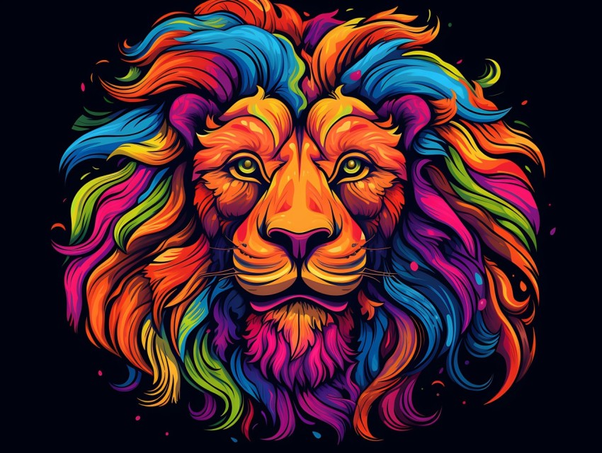 Colorful Lion Face Head Vivid Colors Pop Art Vector Illustrations Black Background (323)