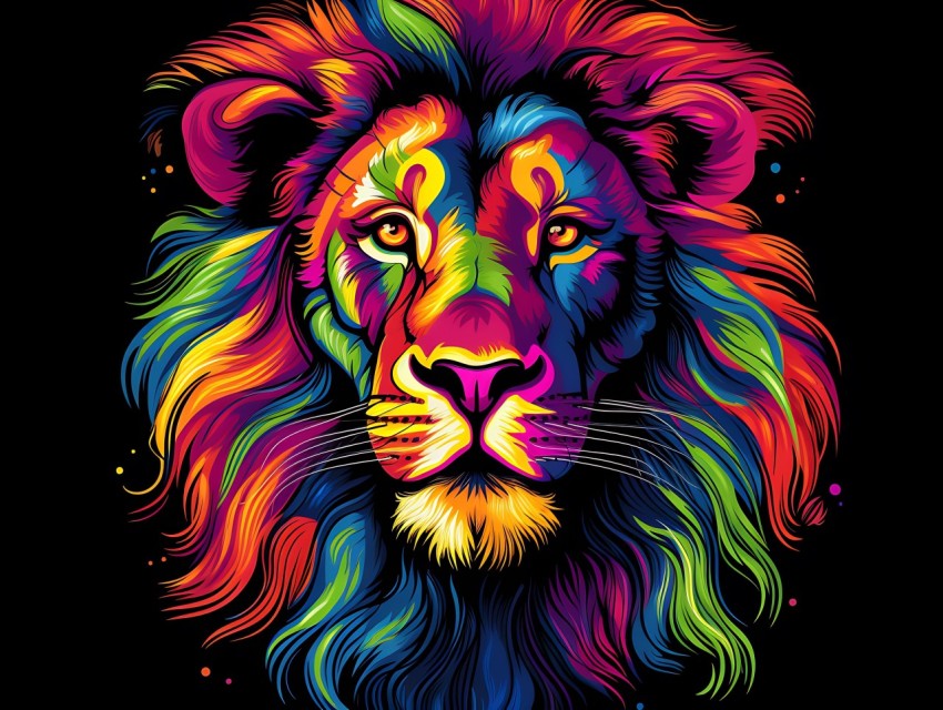 Colorful Lion Face Head Vivid Colors Pop Art Vector Illustrations Black Background (325)