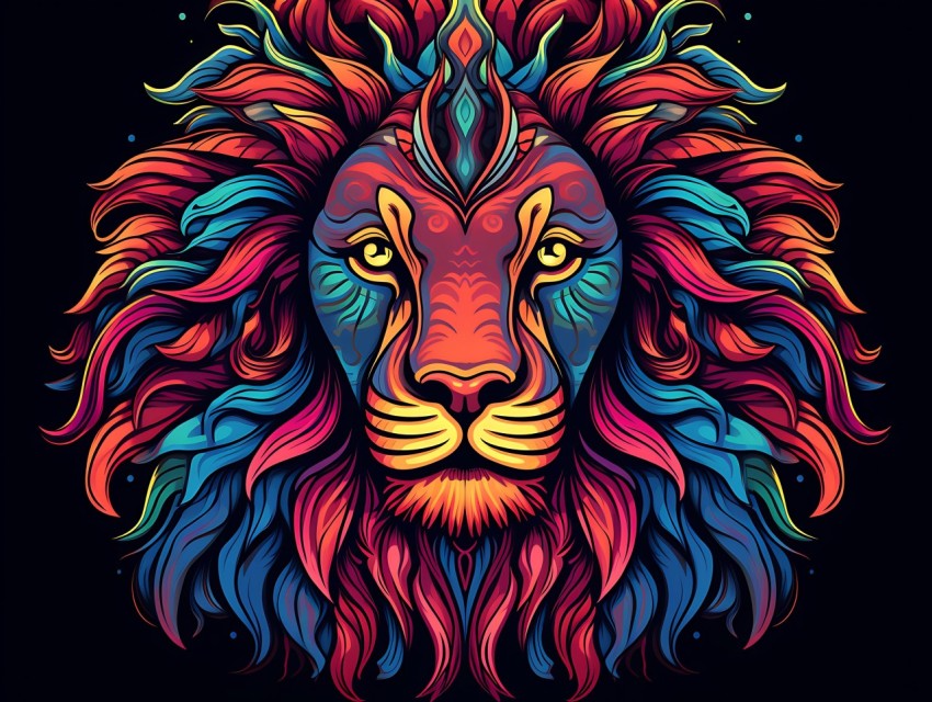 Colorful Lion Face Head Vivid Colors Pop Art Vector Illustrations Black Background (306)