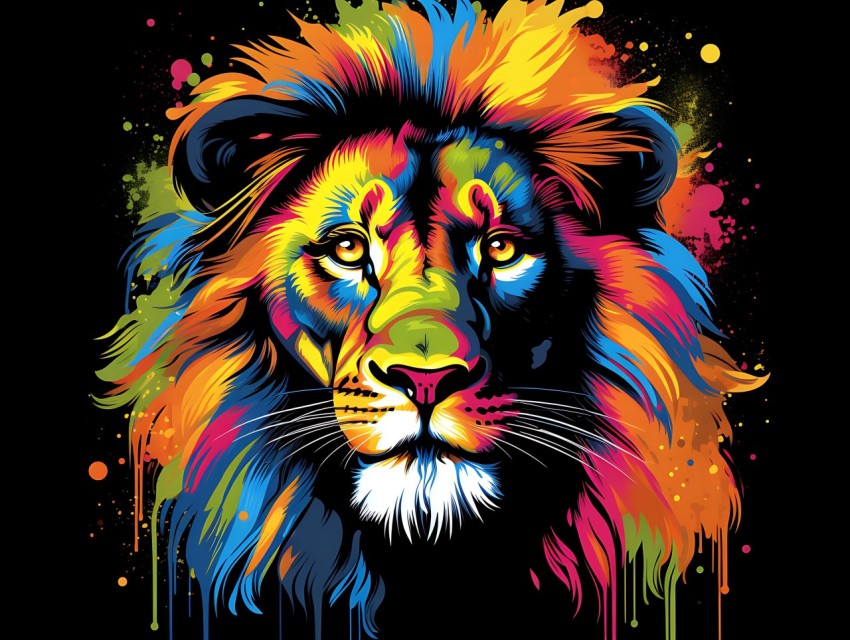 Colorful Lion Face Head Vivid Colors Pop Art Vector Illustrations Black Background (339)