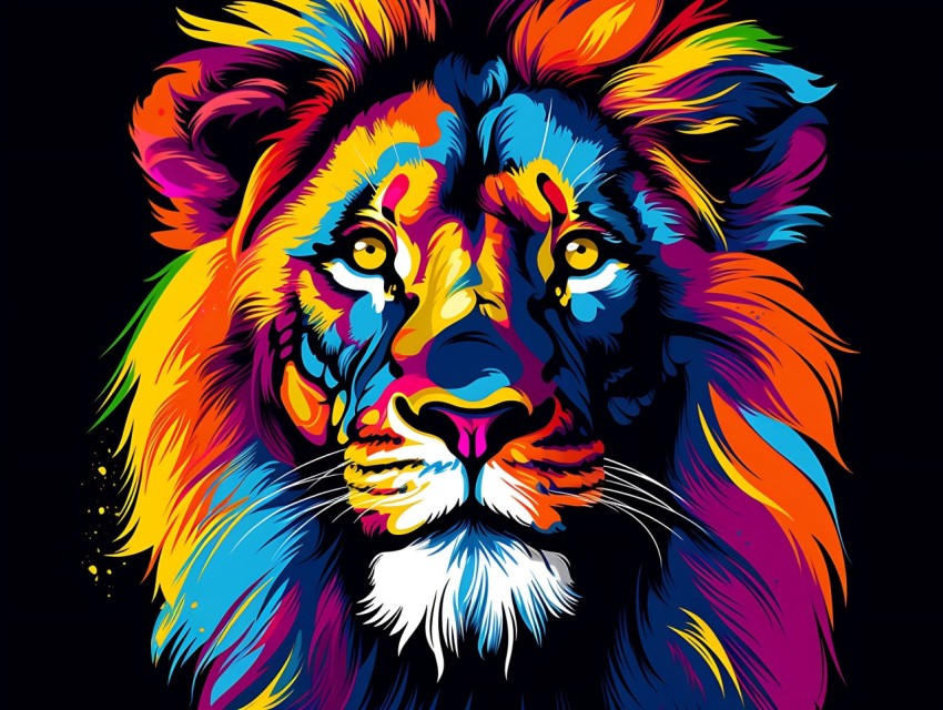 Colorful Lion Face Head Vivid Colors Pop Art Vector Illustrations Black Background (338)
