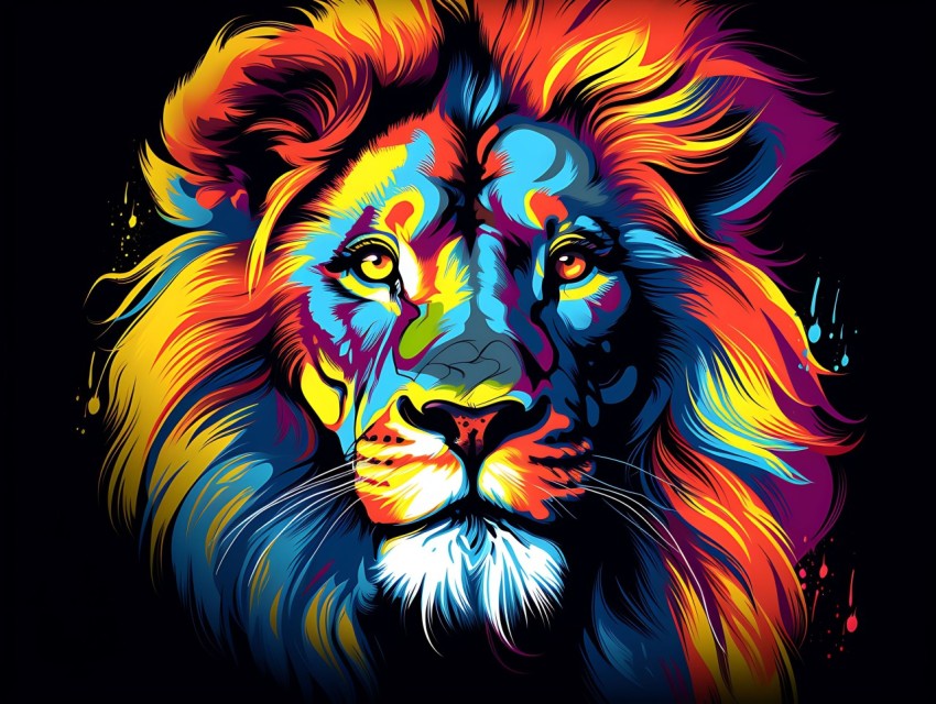 Colorful Lion Face Head Vivid Colors Pop Art Vector Illustrations Black Background (313)