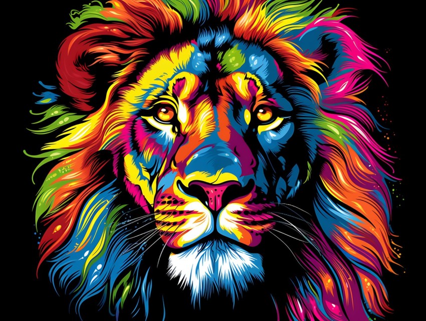 Colorful Lion Face Head Vivid Colors Pop Art Vector Illustrations Black Background (337)