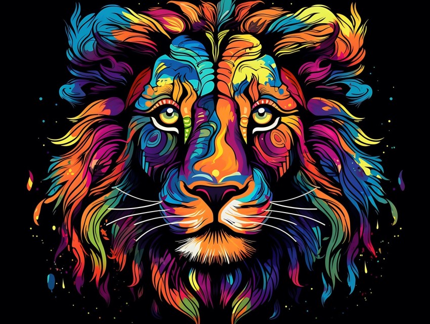 Colorful Lion Face Head Vivid Colors Pop Art Vector Illustrations Black Background (336)