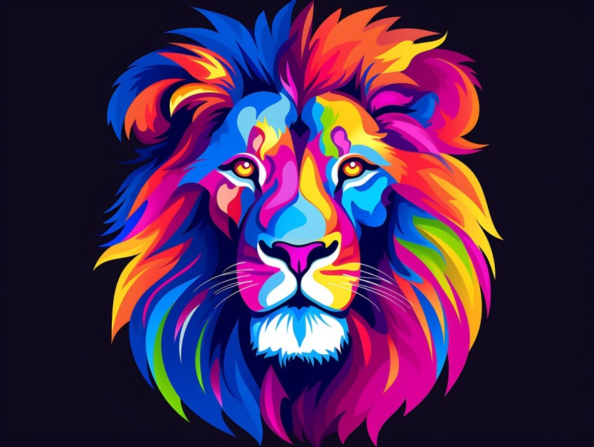 Colorful Lion Face Head Vivid Colors Pop Art Vector Illustrations Black Background (360)