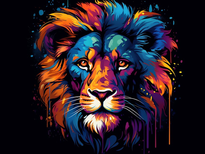Colorful Lion Face Head Vivid Colors Pop Art Vector Illustrations Black Background (352)