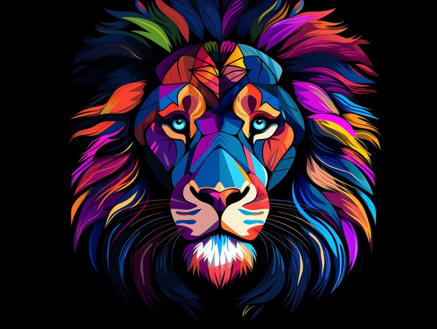 Colorful Lion Face Head Vivid Colors Pop Art Vector Illustrations Black Background (354)