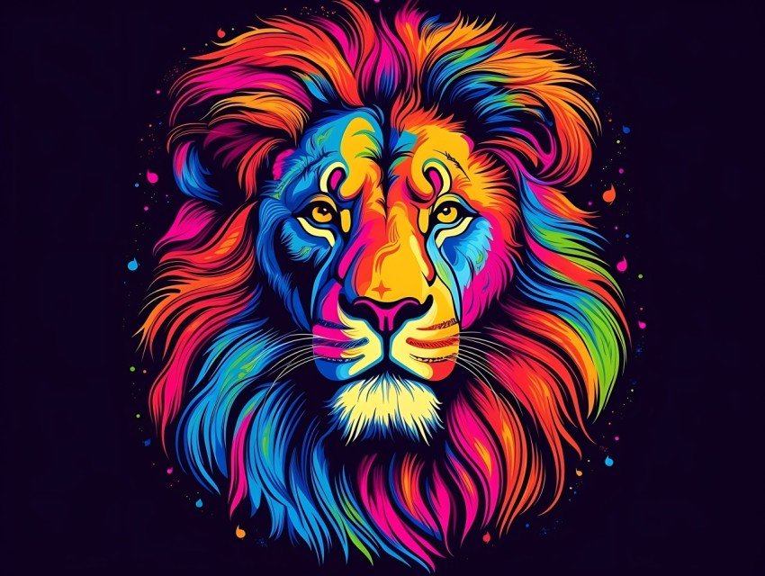 Colorful Lion Face Head Vivid Colors Pop Art Vector Illustrations Black Background (381)