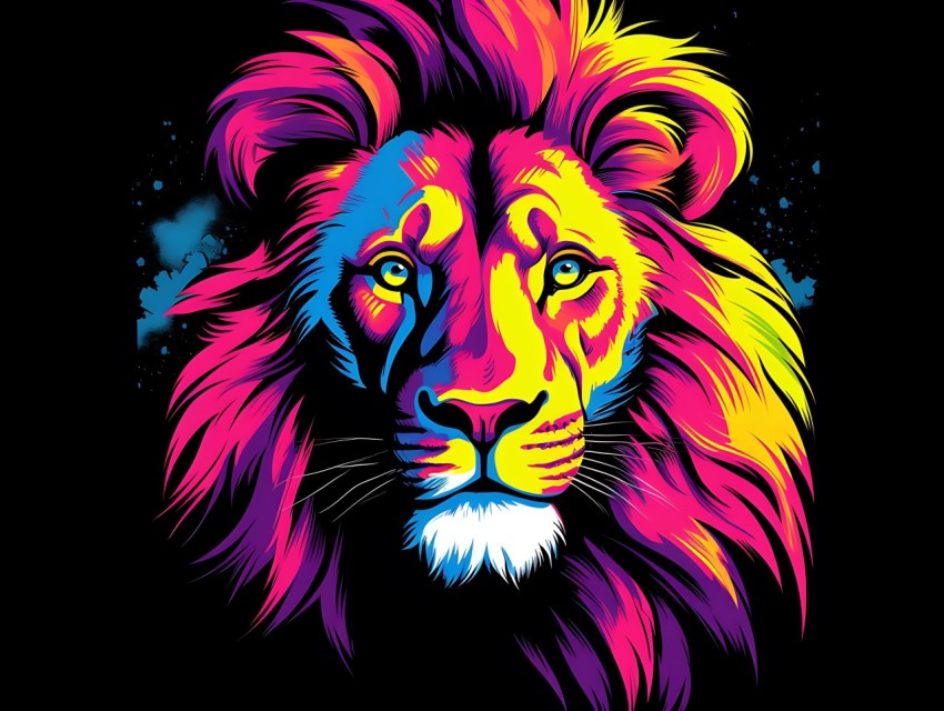 Colorful Lion Face Head Vivid Colors Pop Art Vector Illustrations Black Background (351)